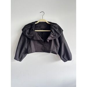 BCBGMAXAZRIA Black Taffeta Cropped Jacket Ruffle Collar JRC41775-001 Size S NEW